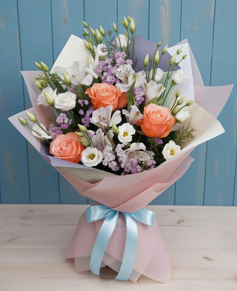 Букет цветов из: Лизиантусы, Розы, Альстромерии и Гипсофила в Сива