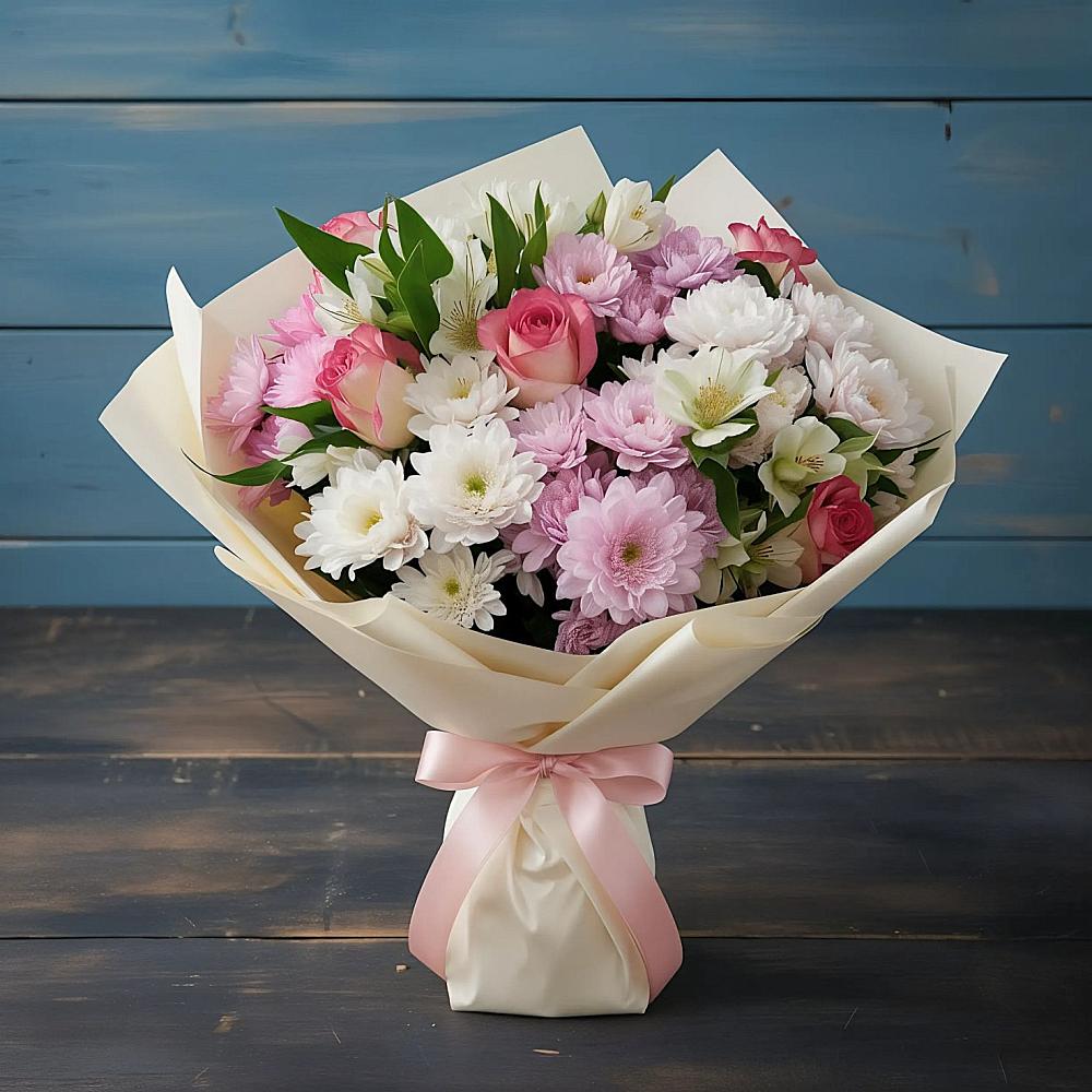 Букет цветов из: Хризантемы, Альстромерии и Розы в Сива